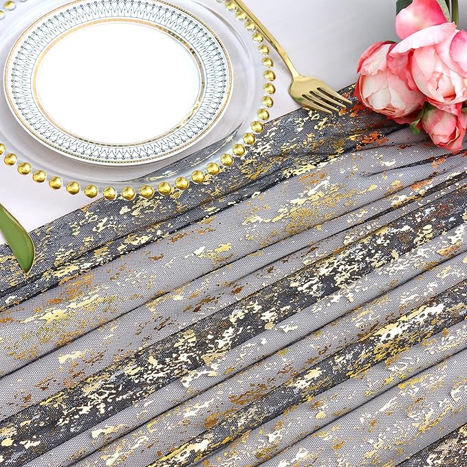 LOMOHOO 10 Ft Black Table Runner, Black Sheer Sequin Table Runners 120 Inches Long Glitter Metallic Foil Lace Fabric Table Decor for Birthday Party Wedding Anniversary Centerpiece (2pcs)