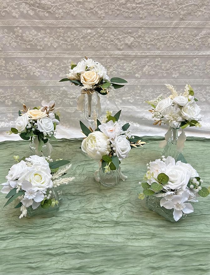 CherishedMoments Set of 6 Assorted Flower Centerpieces Mini Floral Wedding Flowers Set for Fall Wedding Table Centerpieces Decoration, White Bouquets and Home Decor