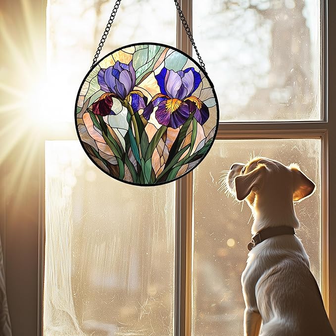 Stained Glass Window Hanging, Purple Blue Iris Birth Flower Suncatcher for Doors Garden Yard Sun Catchers Decor Christmas Mother's Day Birthday Gifts for Teacher Women Mom Nana Wife 15 in