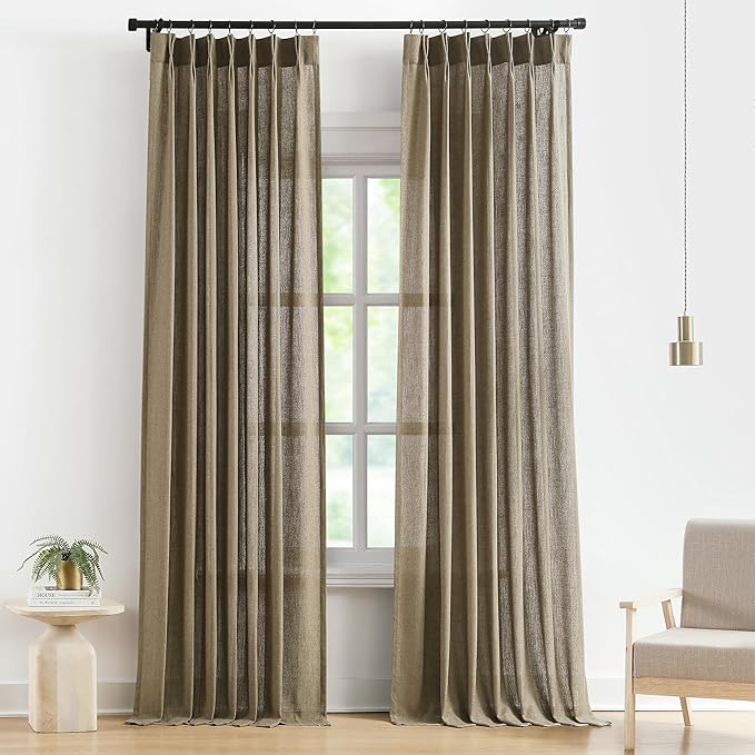 Vision Home Brown Pinch Pleated Semi Sheer Curtains Textured Linen Blended Light Filtering Window Curtains 102 inch for Living Room Bedroom Pinch Pleat Drapes with Hooks 2 Panels 40" Wx102 L