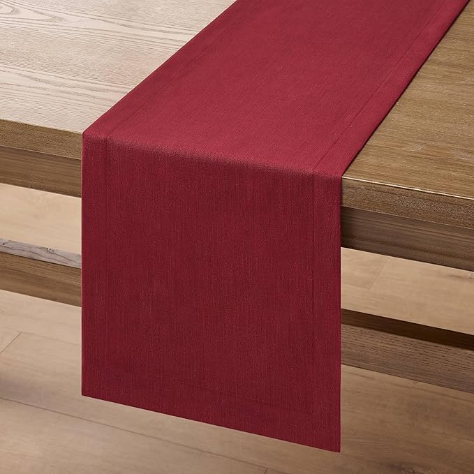 ZeeMart Linen Textured Border Table Runner, 14 x 108 Inch Red, Farmhouse Style Red Table Runners 108 Inches Long, Easy Care Everyday Polyester Table Runner