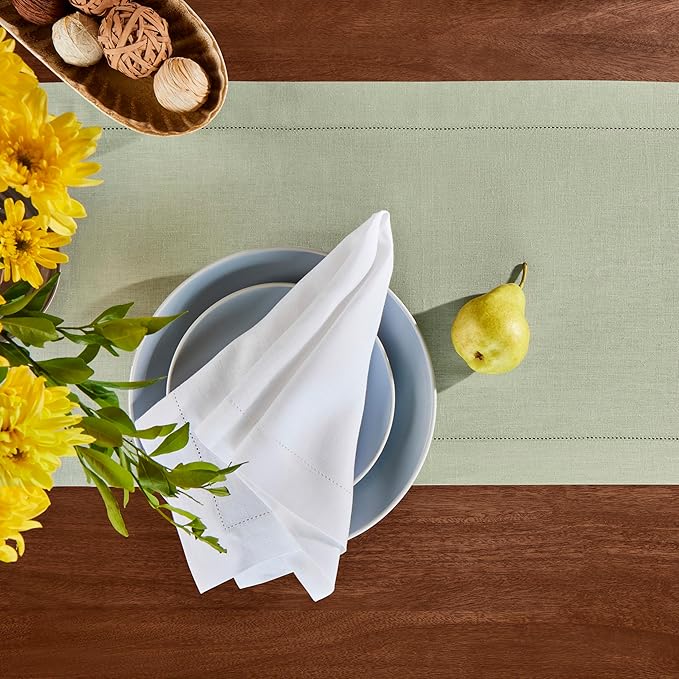 Linen Table Runner 72 inches Long – Hemstitch, 100% Pure Linen Sage Green Dining Table Runner 14 x 72 Inch for Spring, Summer, Wedding Decorations, Gift – Elara