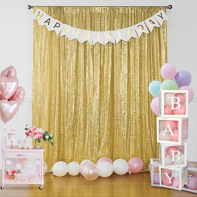 Sugargirl Gold Sequin Backdrop Curtain 4 Panels 2FTx8FT Glitter Gold Background Drapes Sparkle Photography Backdrop for Party Wedding Birthday Wall Decoration