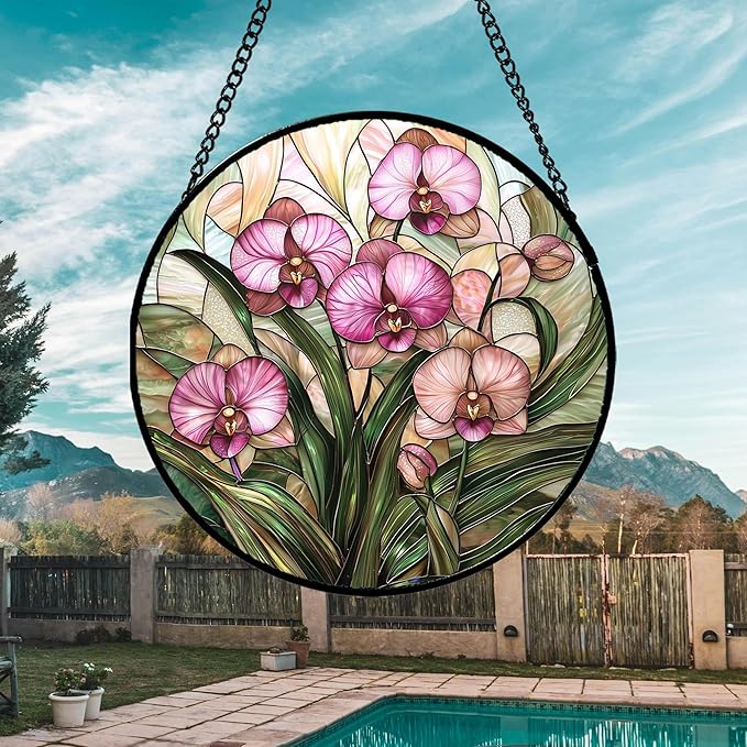 Stained Glass Window Hanging - Pink Phalaenopsis Orchid Green Leaves Sun Catcher for Door Home Decor Flower Suncatcher Christmas Mother's Day Birthday Gifts for Women Men Mom Nana 9.8 in