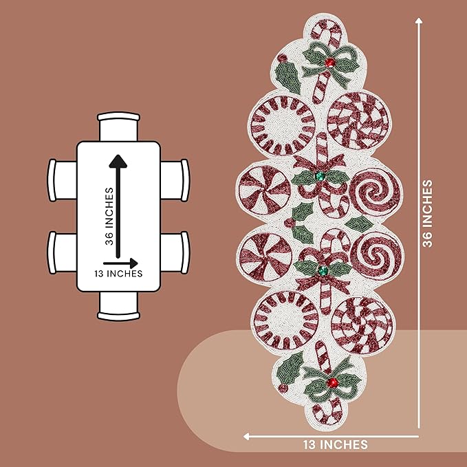CLEENTABLE Handcrafted Beaded Table Runner – 36"x13" Art Deco Home Decor & Luxury Dinner Table Centerpiece in Vibrant Cherry Reddish with 85% Glass Beads, Durable Polyester Backing