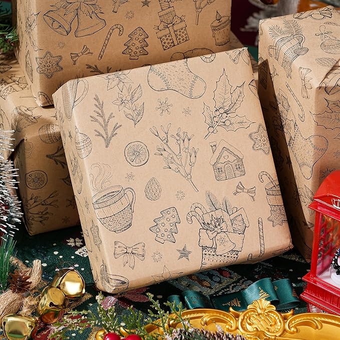 Ulmasinn Vintage Christmas Wrapping Paper Roll - Brown Kraft Paper 17" x33ft - with Cutting Line, Hand-Drawn Holiday Elements, Xmas Gift Wrap for Presents, Table Decor & Crafting