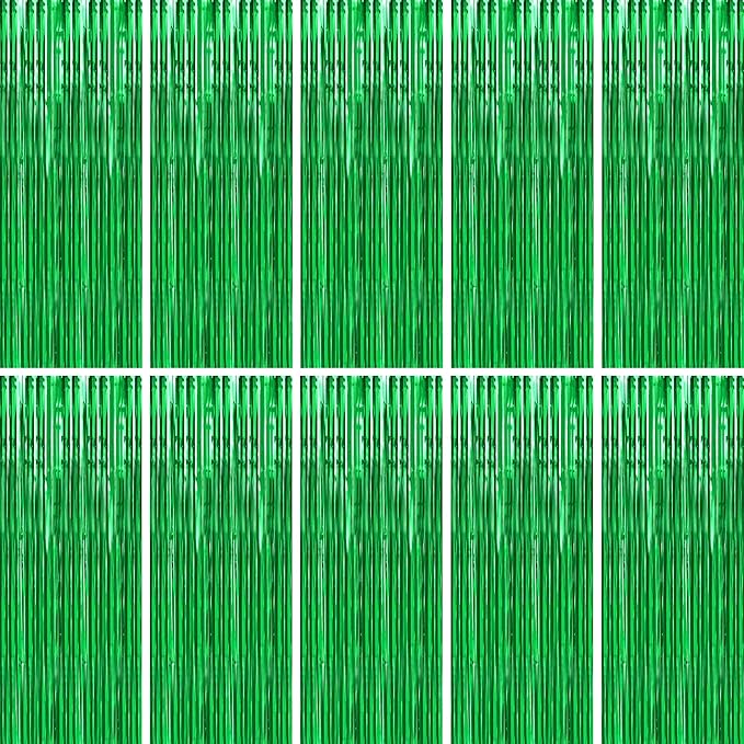 BTSD-home 10 Pack Green Foil Fringe Curtain, Metallic Photo Booth Backdrop Tinsel Door Curtains for St Patricks Day Birthday Bridal Baby Shower Bachelorette Christmas Party Decorations(8ft x 3ft)