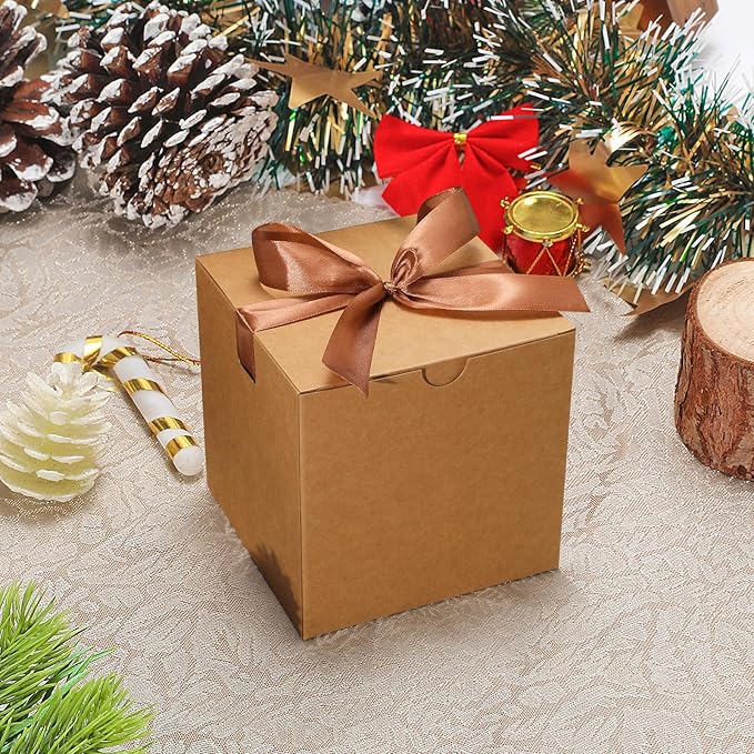 DOYIDE Small Gift Boxes, 20 Pack 5x5x5 Inch Brown Elegant Paper Boxes with Ribbons, Crafting, Christmas Gift Box Wedding Party Favor, Cupcake, Candy, Bridesmaids Proposal Box