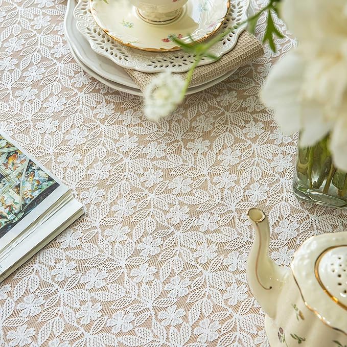 Lace Tablecloth Leaf Pattern Warp Knitting Fabric Solid White Rectangle/Oblong Table Cover for Kitchen Dining Farmhouse Wedding Party Decor Ivory, 55x84 Inch