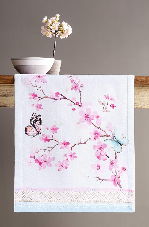 Maison d' Hermine Table Runner 100% Cotton Single Layer Table Runners 108 inches Long Decorative for Home Kitchen Dining Party Wedding Bridal Shower Spring Summer (Blossoms in Spring, 14.50" x 108")