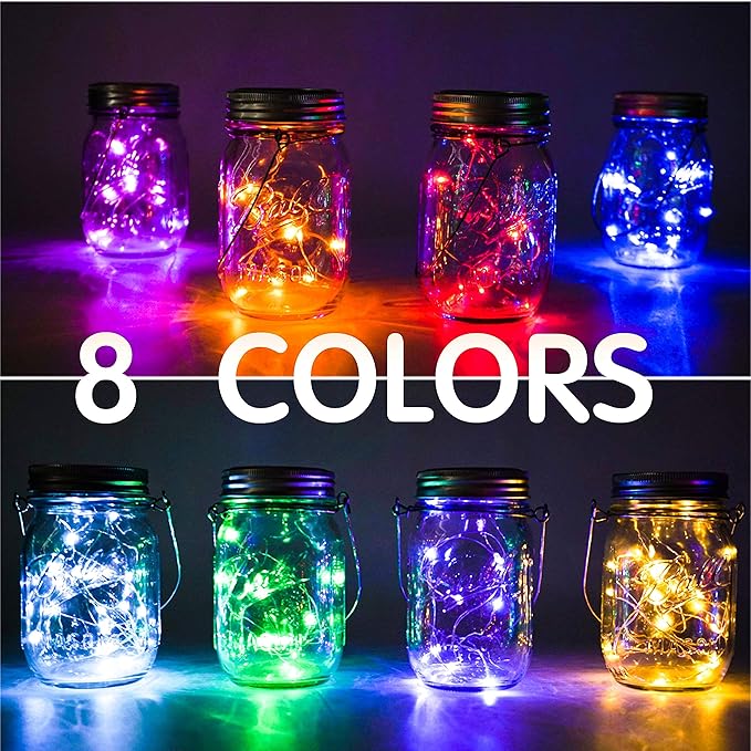 Upgraded Solar Mason Jar Lights, 8 Pack 10 LED Waterproof Fairy Firefly Jar Lids String Lights with Hangers(Jars not Included), Patio Yard Garden Wedding Easter Decoration - 8 Colors
