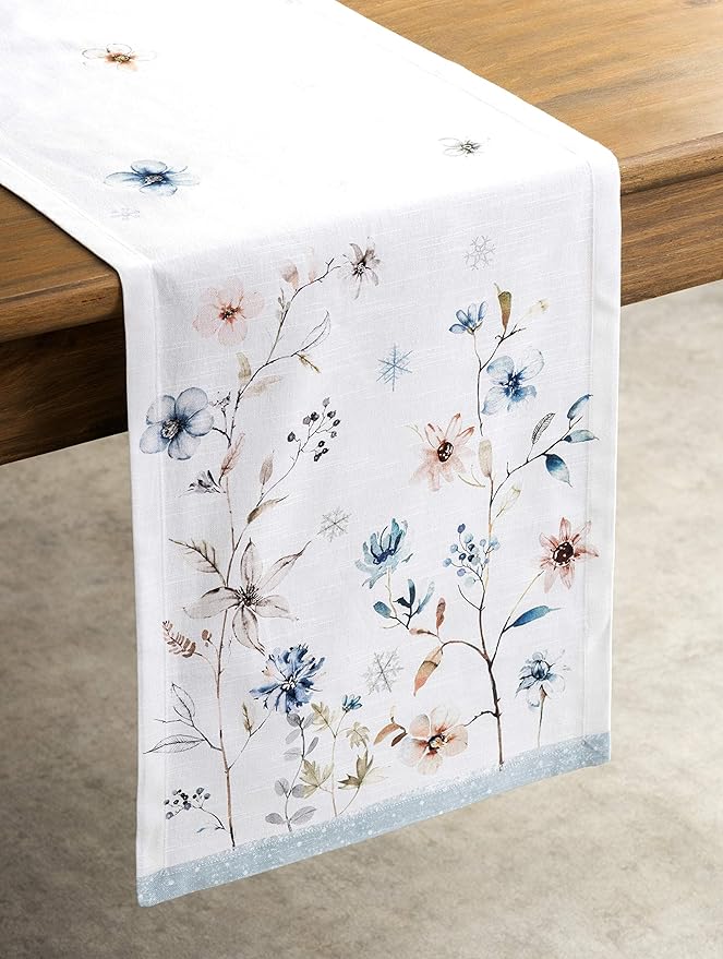 Maison d' Hermine Table Runner 100% Cotton Single Layer Table Runners 90 inches Long for Thanksgiving Christmas Decorations Home Kitchen Dining Party Wedding (Ice Florals, 14.5" x 90")