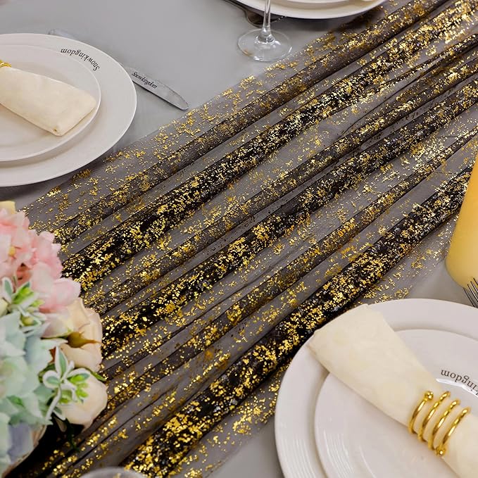 Snowkingdom Black and Gold Cheesecloth Table Runner 10 FT, Sheer Chiffon Sparkle Gauze Mesh Runners 120 Inch, Glitter Table Centerpieces Decoration for Birthday Party Wedding Christmas Halloween