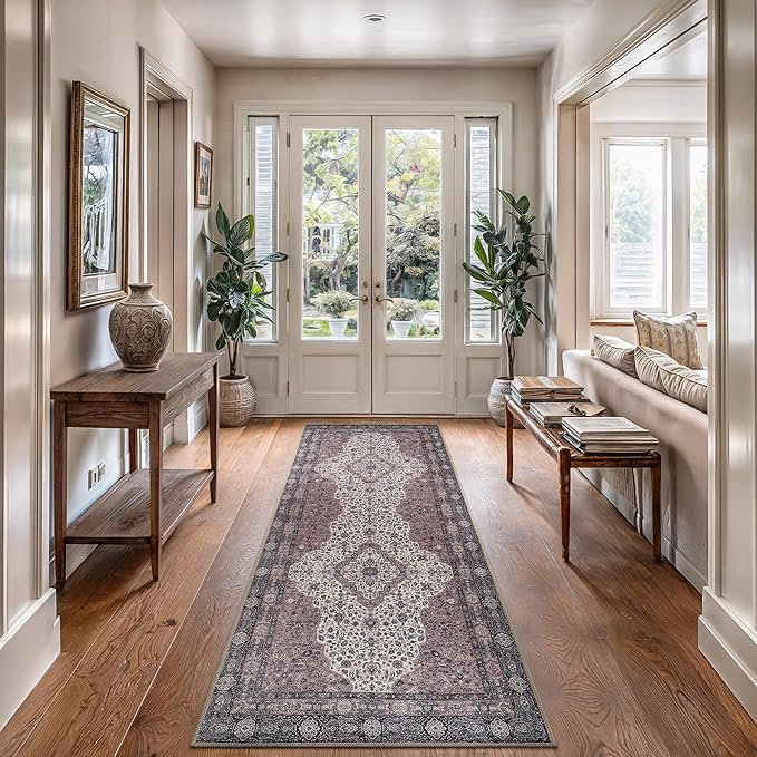 Bloom Rugs Washable Non-Slip 7 ft Runner - Cream/Green Traditional Medallion Runner for Entryway, Hallway, Bathroom, and Kitchen - Exact Size: 2.5' x 7'