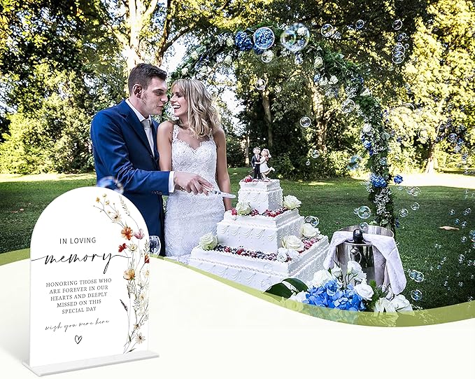 Boho Floral In Loving Memory Sign, 6 x 8 Inch White Arch Acrylic Wedding Sign with Holder, Wedding Sign for Ceremony and Reception, Wedding Decoration, Wedding Supplies - BX05