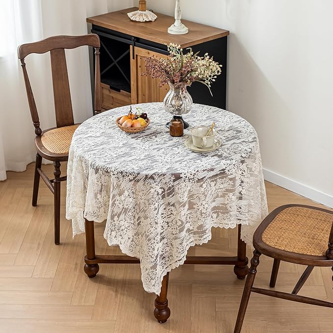 Lace Embroidered Tablecloth. Rectangle Lace Vintage Tablecloth Dustproof Table Protector for Kitchen Dining Room Party Banquet Home Picnic Wedding Decoration (Creamy White 98×53 inch)