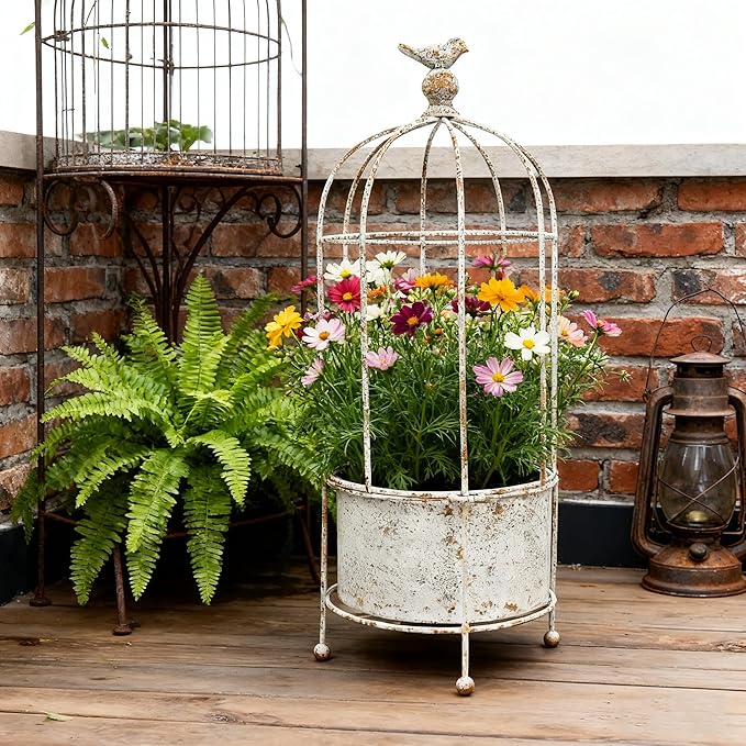 Vintage Rustic Birdcage Planter Stand, Farmhouse Distressed Decorative Metal Round Plants Holder, Outdoor Garden Flower Pot for Climbing Plants, Home Patio Yard Balconies Decor