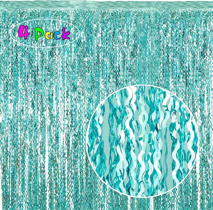 4 Pack 3.3 ft x 6.6 ft Wavy Aqua Teal Blue Tinsel Foil Fringe Curtains Backdrop - Wave Metallic Foil Curtains for Wedding Girl Princess Bachelorette Euphoria Theme Party Decoration