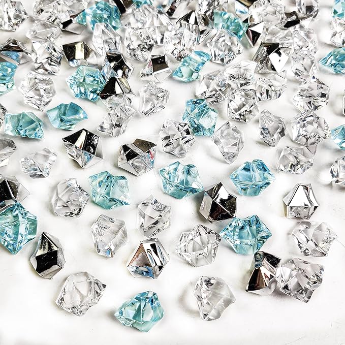 HappyFiller 14 OZ Fake Ice Rocks Cubes Acrylic Gems Stones for Winter Decorations,Christmas Vase Fillers,Wedding Table Scatters,Crafts,Home Centerpieces,Clear,Sea Blue,Silver Mix