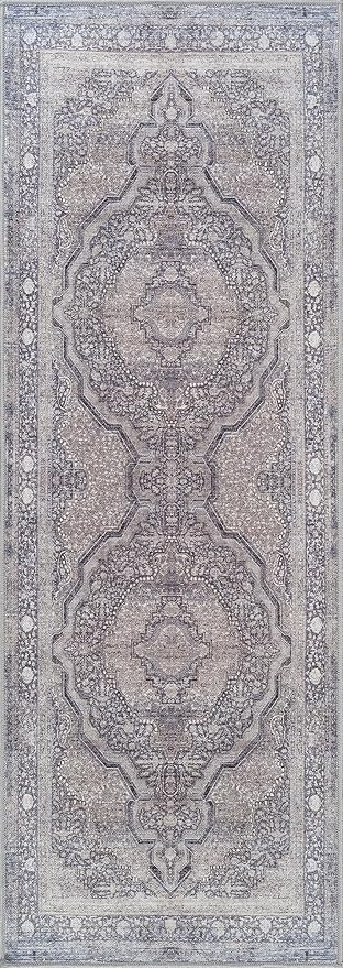 Bloom Rugs Washable Non-Slip 10 ft Runner - Blue/Steel Gray/Beige Traditional Medallion Runner for Entryway, Hallway, Bathroom, and Kitchen - Exact Size: 2.5' x 10'