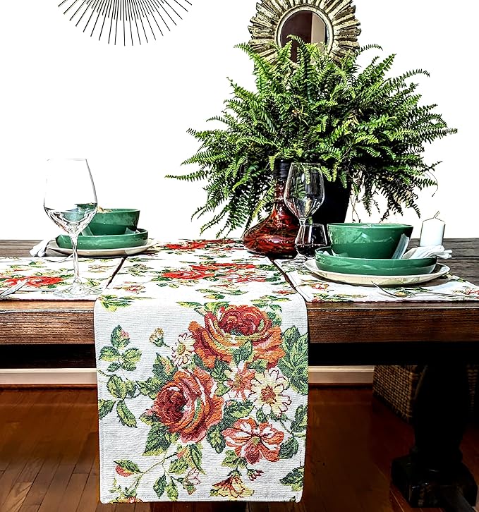 Tache Sweet Roses Spring Summer Traditional Country Vintage White Red Floral Decorative Woven Tapestry Dresser Kitchen Coffee Table Runners, 13x54