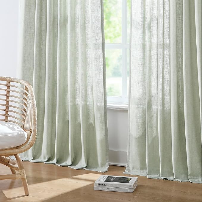 Vision Home Soft Green Pinch Pleated Semi Sheer Curtains Textured Linen Blended Light Filtering Window Curtains 120 inch for Living Room Bedroom Pinch Pleat Drapes with Hooks 10ft 2 Panels 40"Wx120"L