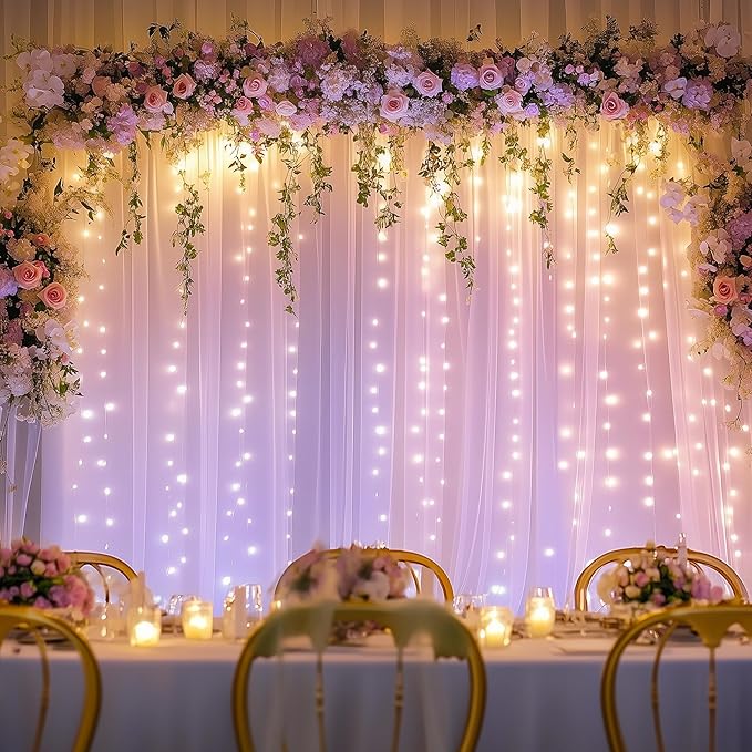 Fomcet Lavender Tulle Backdrop Curtains with Lights String 10FT X 10FT Sheer Curtain with Lights Tulle Curtains Backdrop for Wedding Birthday Party Photo Shoot (2 Panels 5x10FT)
