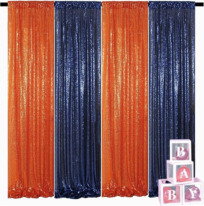 ShinyBeauty Navy and Orange Backdrop - 2FTx8FT Blue Photo Backdrops, Sequin Curtains, Glitter Fabric for Happy Birthday Parties and Events Halloween Decor