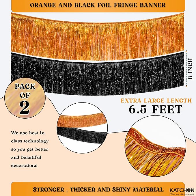 KatchOn, XtraLarge Black and Orange Fringe Banner - 6.5 Ft, Pack of 2 | Halloween Tinsel Garland for Halloween Decorations, Orange and Black Party Decorations | Foil Fringe Garland for Birthday Party