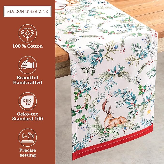 Maison d' Hermine Table Runner 100% Cotton Double Layer Table Runners 72 inches Long for Thanksgiving Christmas Decorations Home Kitchen Dining Party Wedding (Holly Time, 14.5" x 72")