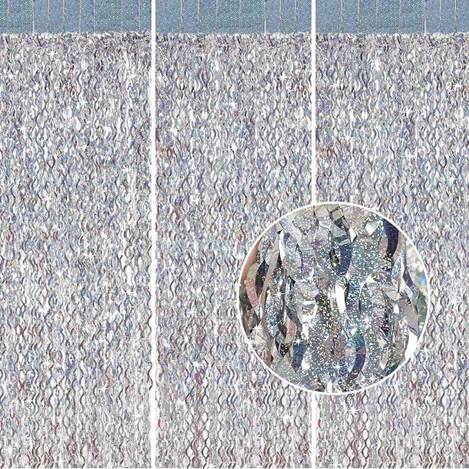Silver Tinsel Backdrop- CYLMFC 3 Pack 3.3 ft x 6.6 ft Streamer Foil Fringe Curtain for Birthday Party Christmas Graduation Decor