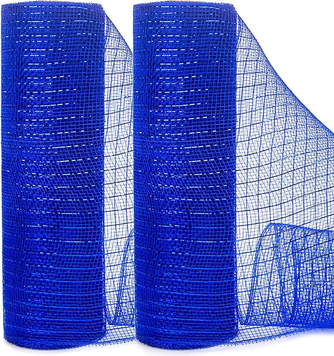 Ribbli 2 Rolls Royal Blue Mesh Ribbon,10 inch x 30 feet(10Yard) Each Roll,Metallic Royal Blue with Royal Foil,Patriotic Ribbon Use for Wreath Swags and Decorating
