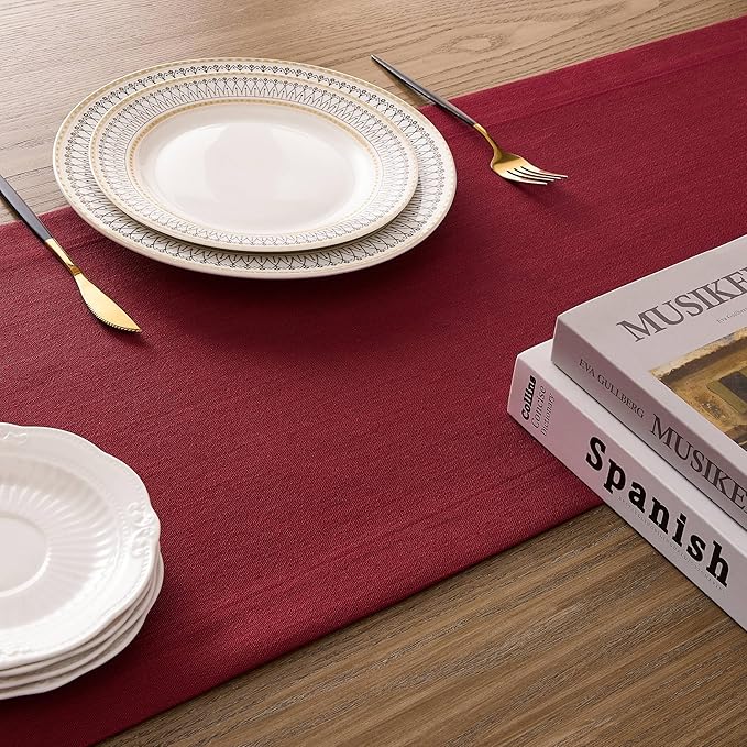 ZeeMart Linen Textured Border Table Runner, 14 x 60 Inch Red, Farmhouse Style Red Table Runners 60 Inches Long, Easy Care Everyday Polyester Table Runner