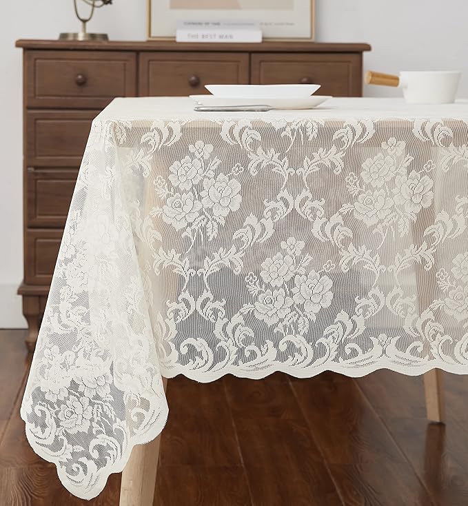 LinenZone Ivory Rectangle Tablecloth for Rustic Vintage Decor. Sheer Lace Tablecloth Works Great As Wedding Tablecloth, Thanksgiving Tablecloth or Baby Shower Tablecloth (Mia TC 54 x 72, Ivory)