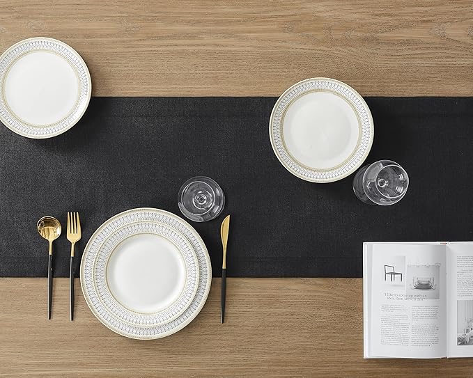 ZeeMart Linen Textured Border Table Runner, 14 x 48 Inch Black, Farmhouse Style Black Table Runners 48 Inches Long, Easy Care Everyday Polyester Table Runner