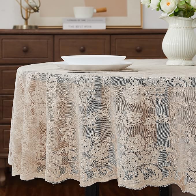 LinenZone Extra Large Linen Round Tablecloth for Rustic Vintage Decor. Sheer Lace Table Cloth Works Great As Wedding Tablecloth or Thanksgiving Table Cover. (Mia 132 Round, Linen)