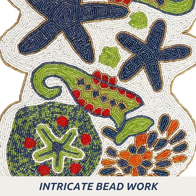 Handmade Beaded Coastal Table Runner -36" Ocean Theme Table Decor with Starfish, Seahorse, Coral, Shells -Nautical Table Centerpiece for Summer, Beach House, or Tropical Décor (Multi) - CLEENTABLE