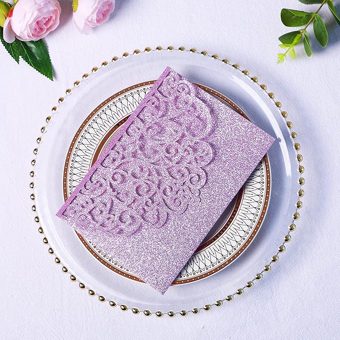 PONATIA 20 PCS Laser Cut Wedding Invitations Pockets with Envelopes for Wedding Party Bridal Shower Engagement Birthday Invite (Purple Glitter)