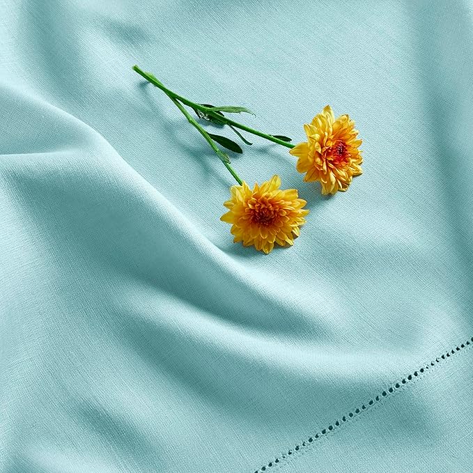 Solino Home Linen Aqua Blue Table Runner 60 Inches - Classic Hemstitch, 100% Pure Linen Coffee Table Runner 14 x 60 Inch Ideal for Dresser Tables