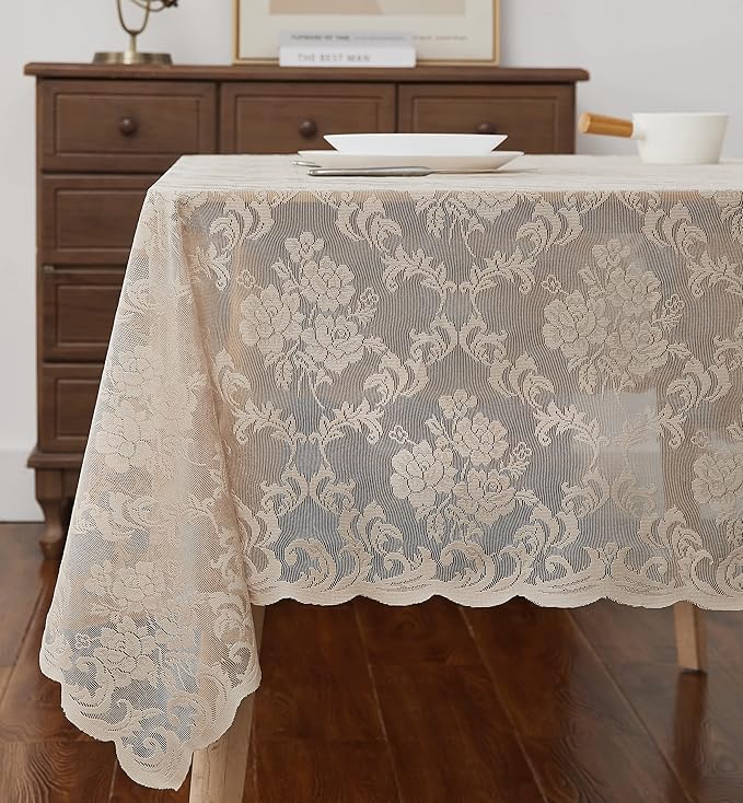 LinenZone Square Linen Tablecloth for Rustic Vintage Decor. Sheer Lace Table Cloth Works Great As Wedding Tablecloth or Thanksgiving Table Cover. (Mia TC 60 x 60, Linen)